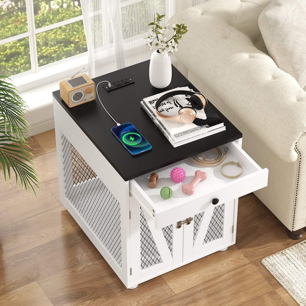 RichYa Furniture Style Dog Crate End Table, Wooden Dog Kennel with Dual USB Charging Station, for Small Dogs Under 25 lbs Indoor Use, White, S Size - Image 6