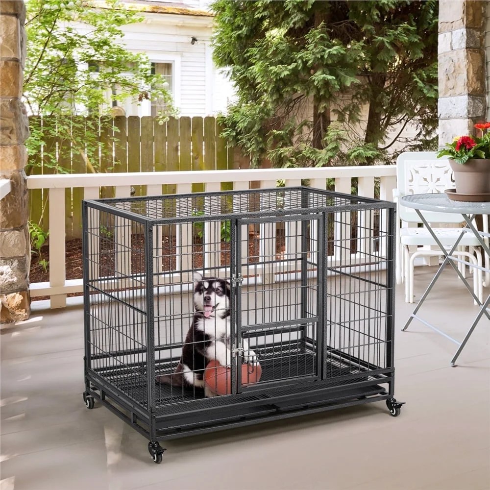 Yaheetech L43.5xW28.5xH35" Rolling Dog Crate Metal Dog Cage with Wheels & Litter Pans For Medium/Large Dogs, Black - Image 4
