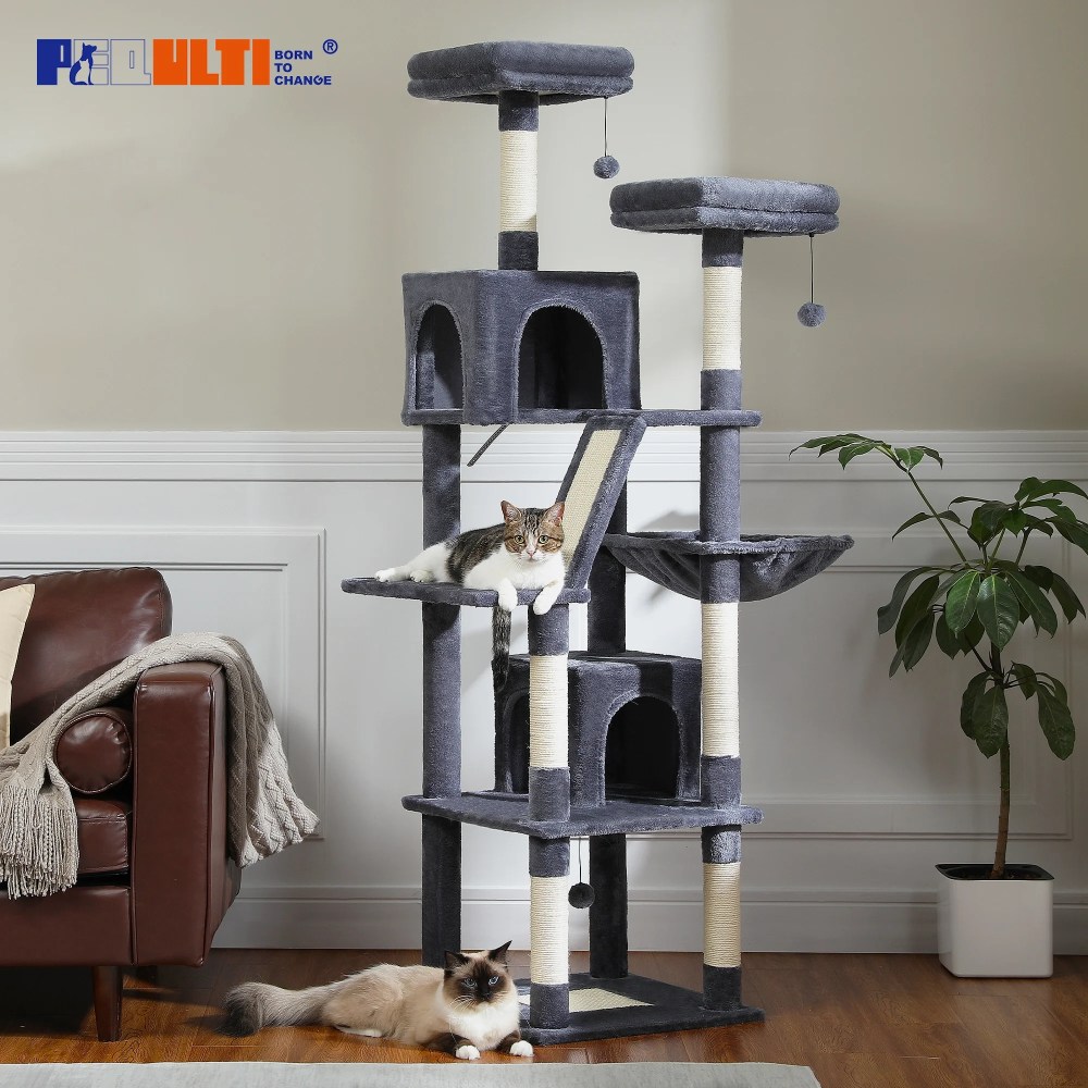 PEQULTI 71 " Large Cat Tree Tower for Cat with Dual Condos and 6 Scratching Posts Indoor Dark Gray - Image 2