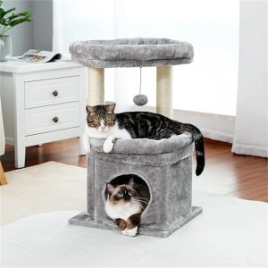 Pefilos 27" Cat Tree Tower for Indoor Cats with Private Cozy Cat Condo,  Natural Sisal Scratching Posts and Plush Pom-pom for Small Cats,  Gray