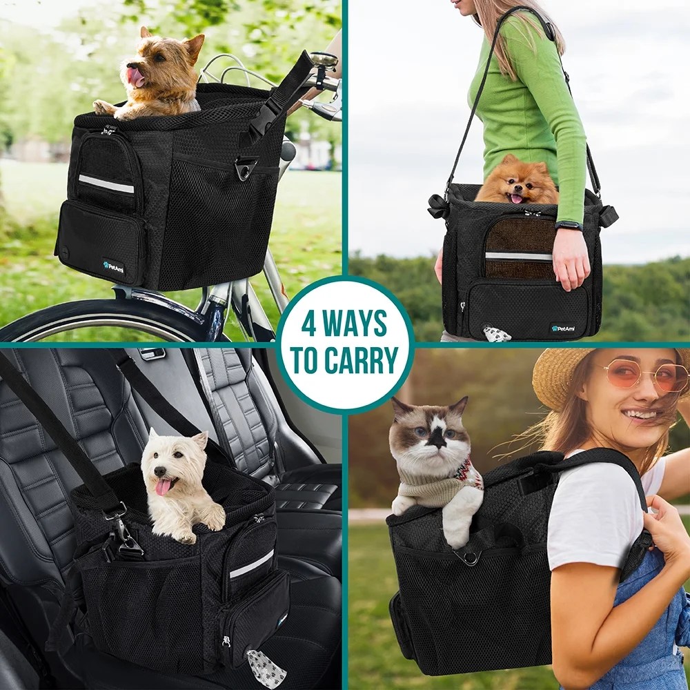 PetAmi Dog Bike Basket, Soft-sided Ventilated Dog Bike Carrier Backpack, Dog Pet Bicycle Basket for Bike Handlebar, Small Medium Puppy Cat Kitten Car Booster Seat with Safety Strap (Black) - Image 8