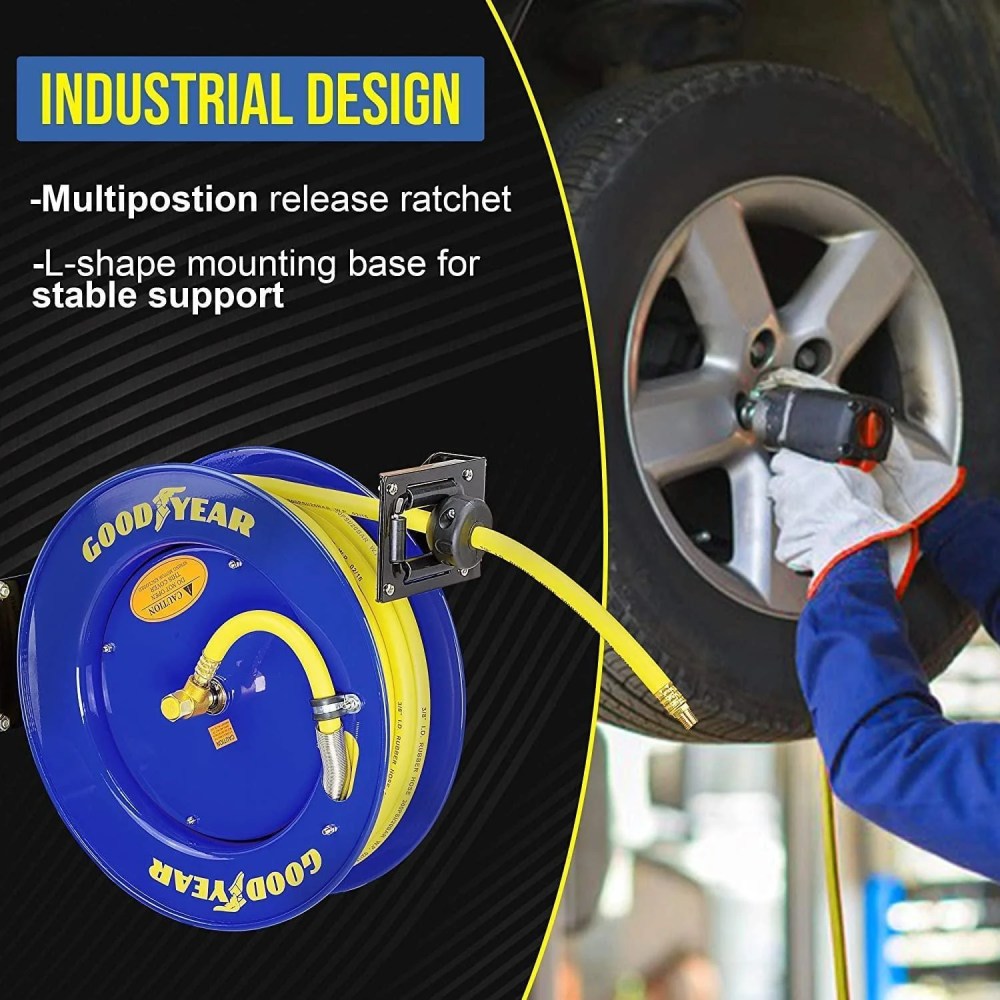 Goodyear L815153G Steel Retractable Air Compressor/Water Hose Reel with 3/8 in. x 50 ft. Rubber Hose, Max. 300PSI - Image 2