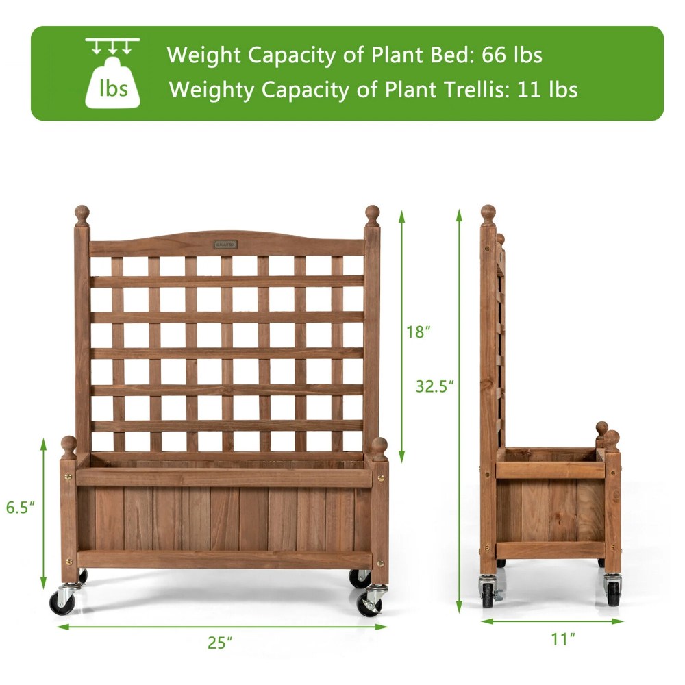 Gymax 2PC 32in Wood Planter Box w/Trellis Mobile Raised Bed for Climbing Plant - Image 3