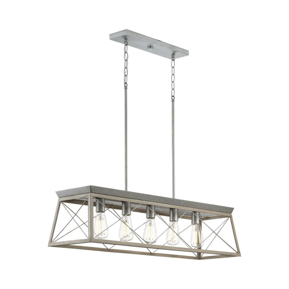 Briarwood Collection Five-Light Galvanized and Bleached Oak Farmhouse Style Linear Island Chandelier Light - Image 11