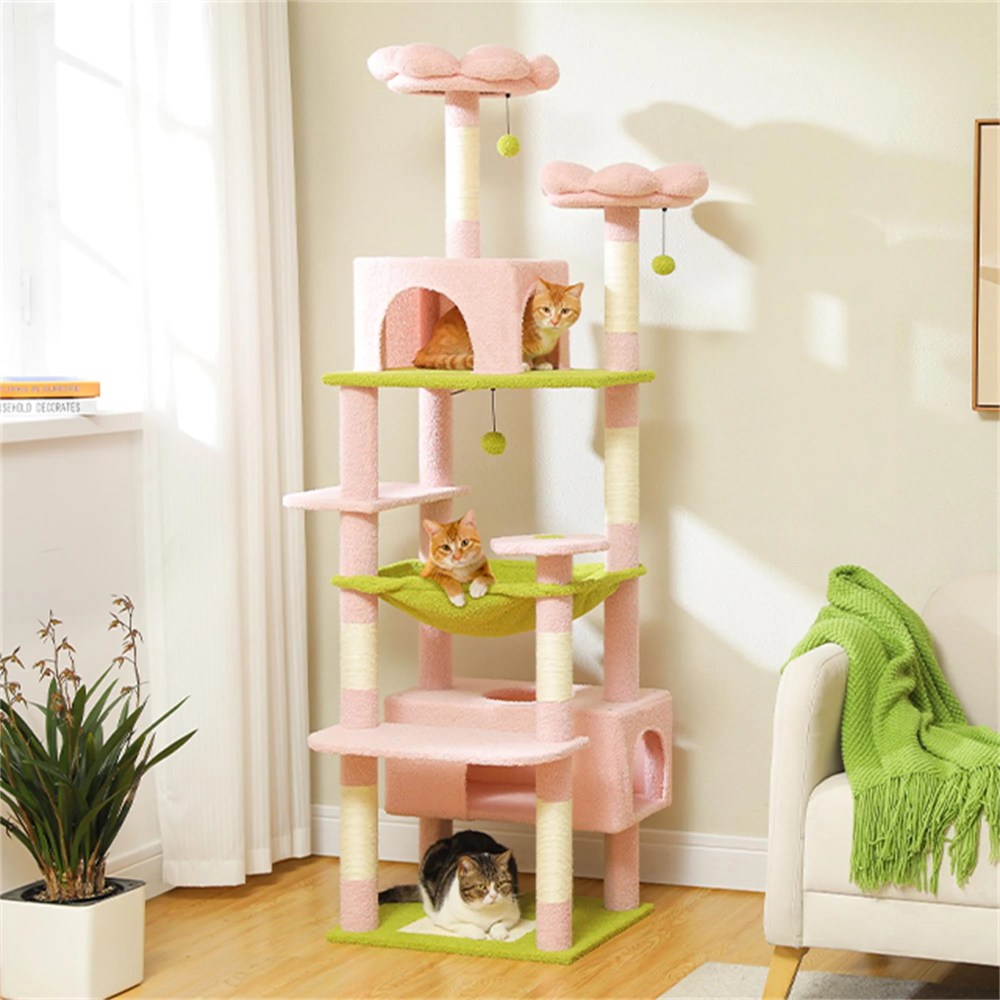 Pefilos 72" Cat Tree Tower for Large Cats, Indoor Cat Condo with Sisal-Covered Scratching Posts and Pads, 2 Padded Perch, Pink - Image 9