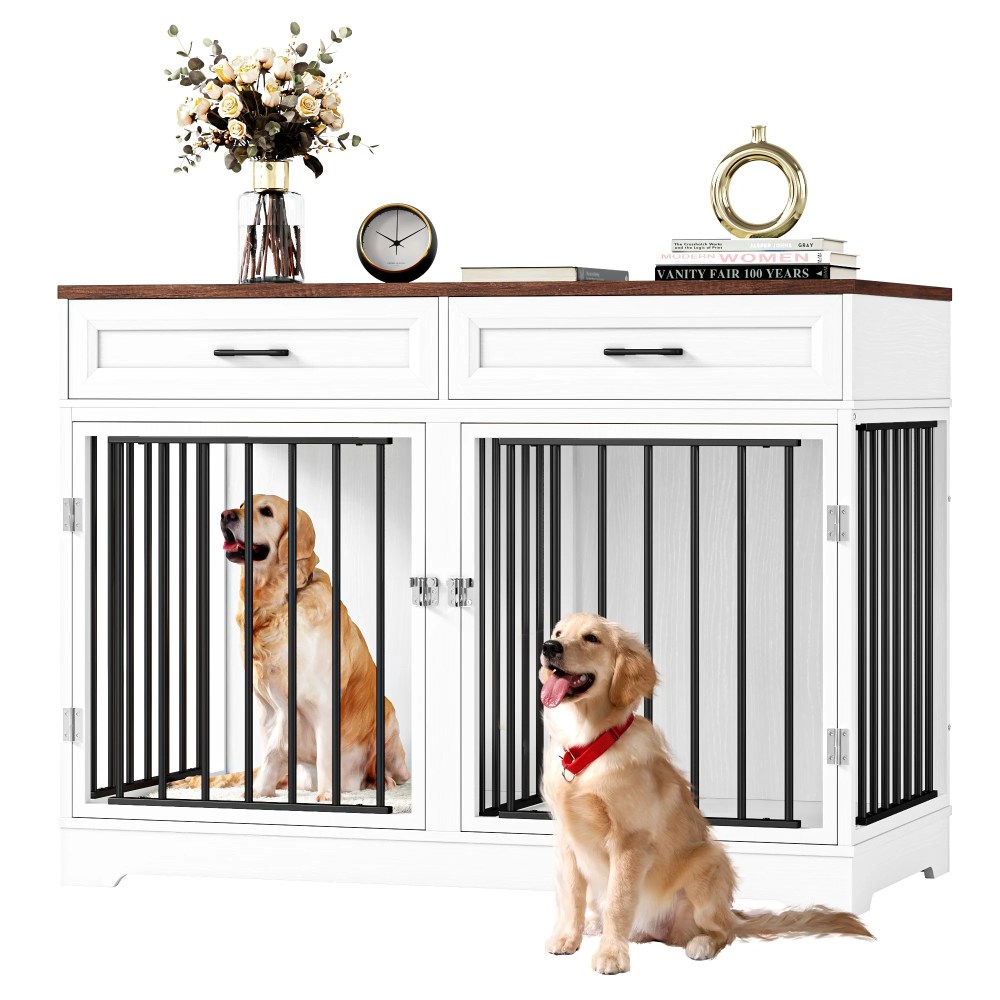 Homfa Dog Crate Furniture with 2 Drawers, 47.2 in Wooden Indoor Dog Cage Table with Divider, White - Image 2