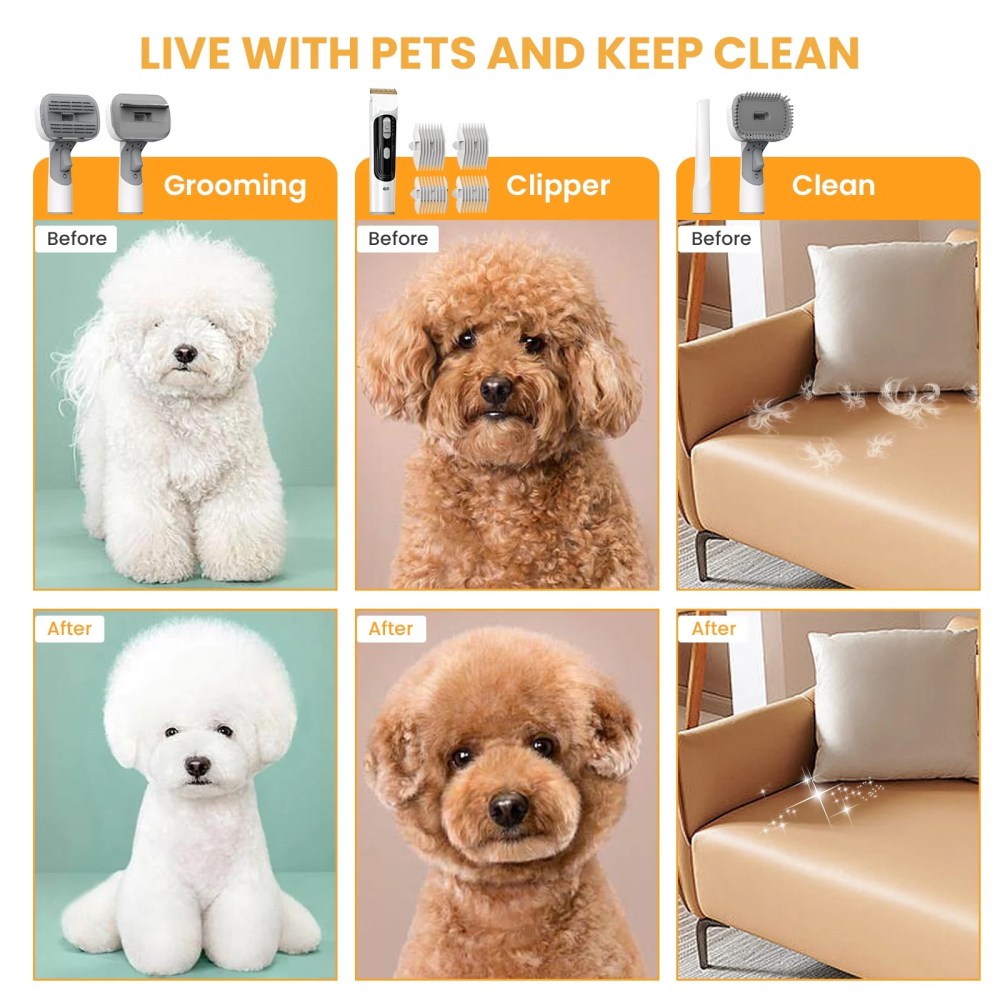 AUOSHI Pet Grooming Vacuum for Dogs & Cats, 13000Pa Suction, 5-in-1 Grooming Kit with Low Noise, 2.5L Dust Cup, Wireless Clippers, Deshedding Brush-Professional At-Home Pet Hair Cleaner - Image 7