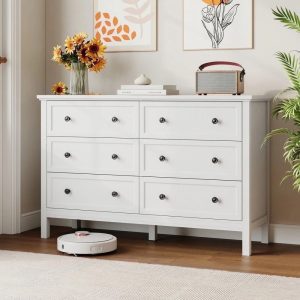 YouTrend White Dresser with 6 Drawer for Bedroom, Traditional Adult Chest of Drawers with Golden Handles for Living Room, Hallway