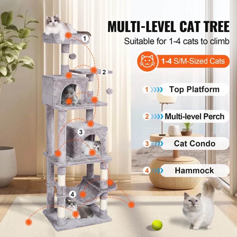 KFFKFF Feline Structure, 63" Feline Stand with Dual Kitty Houses, Sisal Scratch Pole, Relaxing Swing, Elevated Lounging Spot, Leaping Stages, Spacious Cat Play Equipment with Dangling Sphere, Pale - Image 3