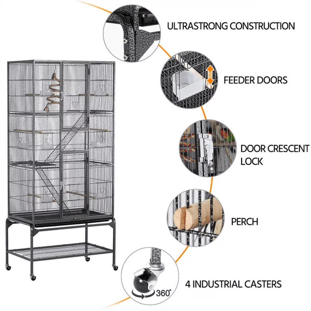 Alden Design 69" H Rolling Extra Large Metal Bird Cage with Detachable Stand for Parrots, Black - Image 4