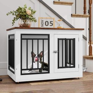 Dextrus Dog Crate Furniture,  35in Wooden Indoor Dogs Kennel Furniture with Adjustable Feet and Removable Bowls, for Small Dogs up to 55 lbs, 35" L x 20.4" W x 25.2" H