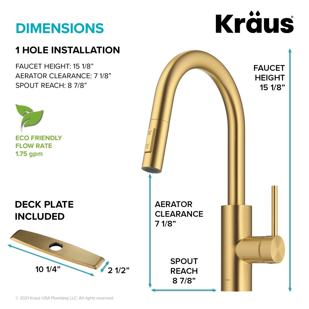 KRAUS Oletto Single Handle Pull Down Kitchen Faucet with QuickDock Top Mount Installation Assembly in Spot-Free Brushed Brass - Image 7