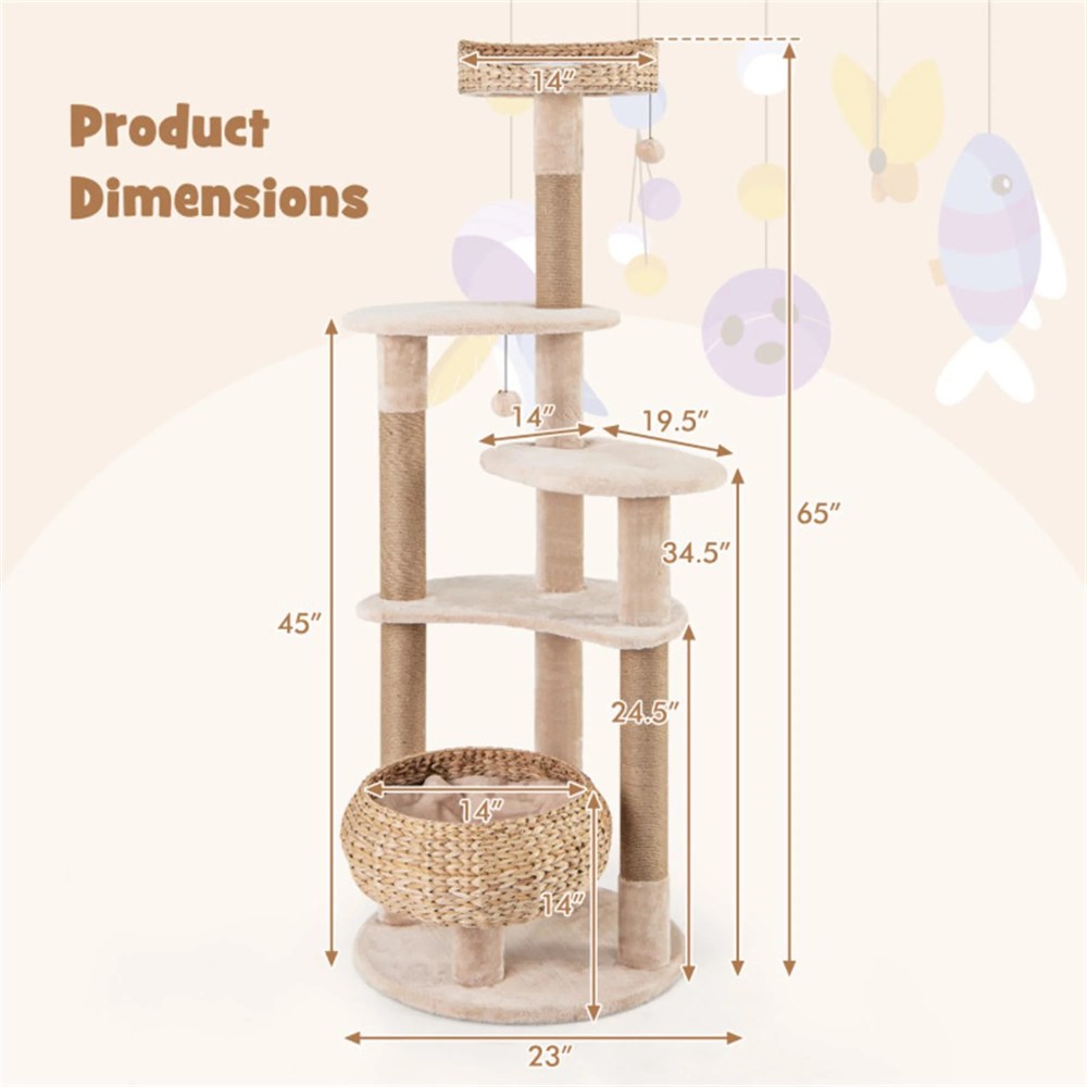 Demi Bonn 63" Cat Tree Tower for Indoor Cats, Cat Condo for Large Cats, Modern Cat Tree House Manual Hand Woven with Sisal, Cat Scratching Post, Beige - Image 5