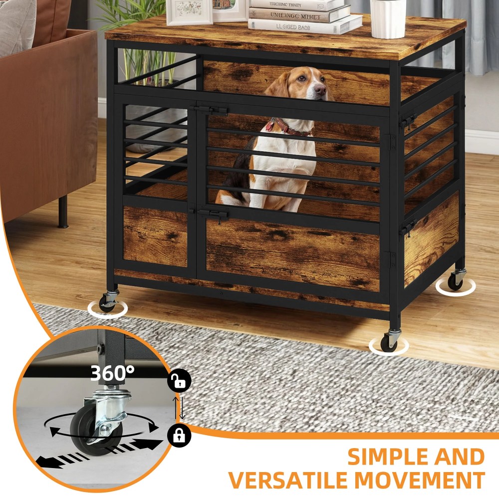 Craftian 32 Inch Dog Crate Furniture, Dog Kennel Indoor with Wheels and Removable Tray, End Table Dog Crate - Rustic Brown & Black - Image 8
