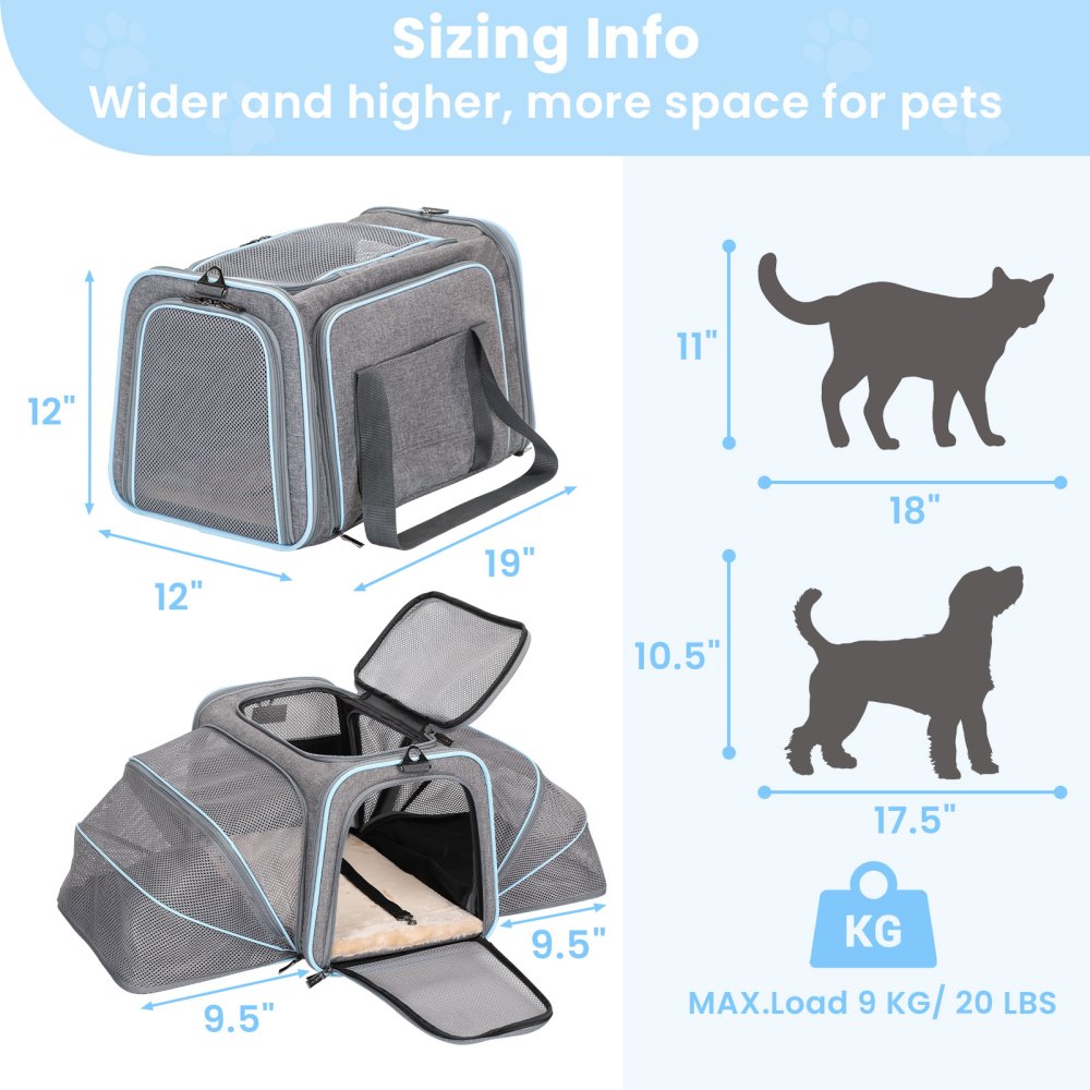 Petsfit 19" Expandable Soft-Sided Cat Carrier, Airline Approved Portable Washable Pet Travel Carrier with Two Extension for Kittens, Light Gray - Image 5