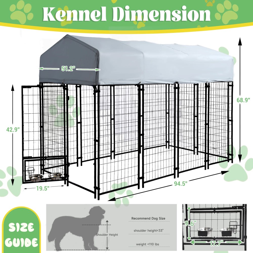 Haverchair Large Outdoor Dog Kennel, Heavy Duty Welded Wire Steel Dog Enclosure Playpen Crate with Waterproof UV-Resistant Roof Cover, Double Lock Dog Kennels Fence with Rotating Feeding Door Bowls - Image 5