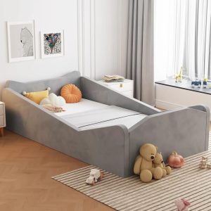 Zimtown Wood Bed,Floor Bed with Safety Guadrail,Montessori Bed with Soft Velvet Wood Bed,Mattress not Included (Gray)