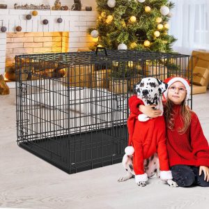 42 inch Dog Crate for Medium Large Dogs Folding Metal Dog Cage Kennel Double Door Pet Crate with Divider and Tray,  Black