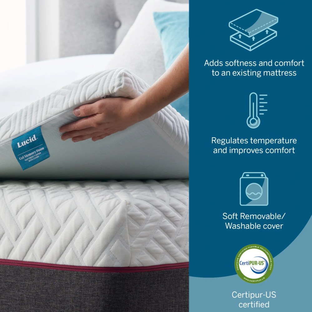 Lucid 2" Gel Memory Foam Mattress Topper, Queen - Infused with Cooling Gel and Aloe, Washable Cover - Image 3
