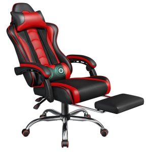 Yaheetech Reclining Gaming Chair with Folding Footrest and Massage Lumbar Pillow,Black/Red