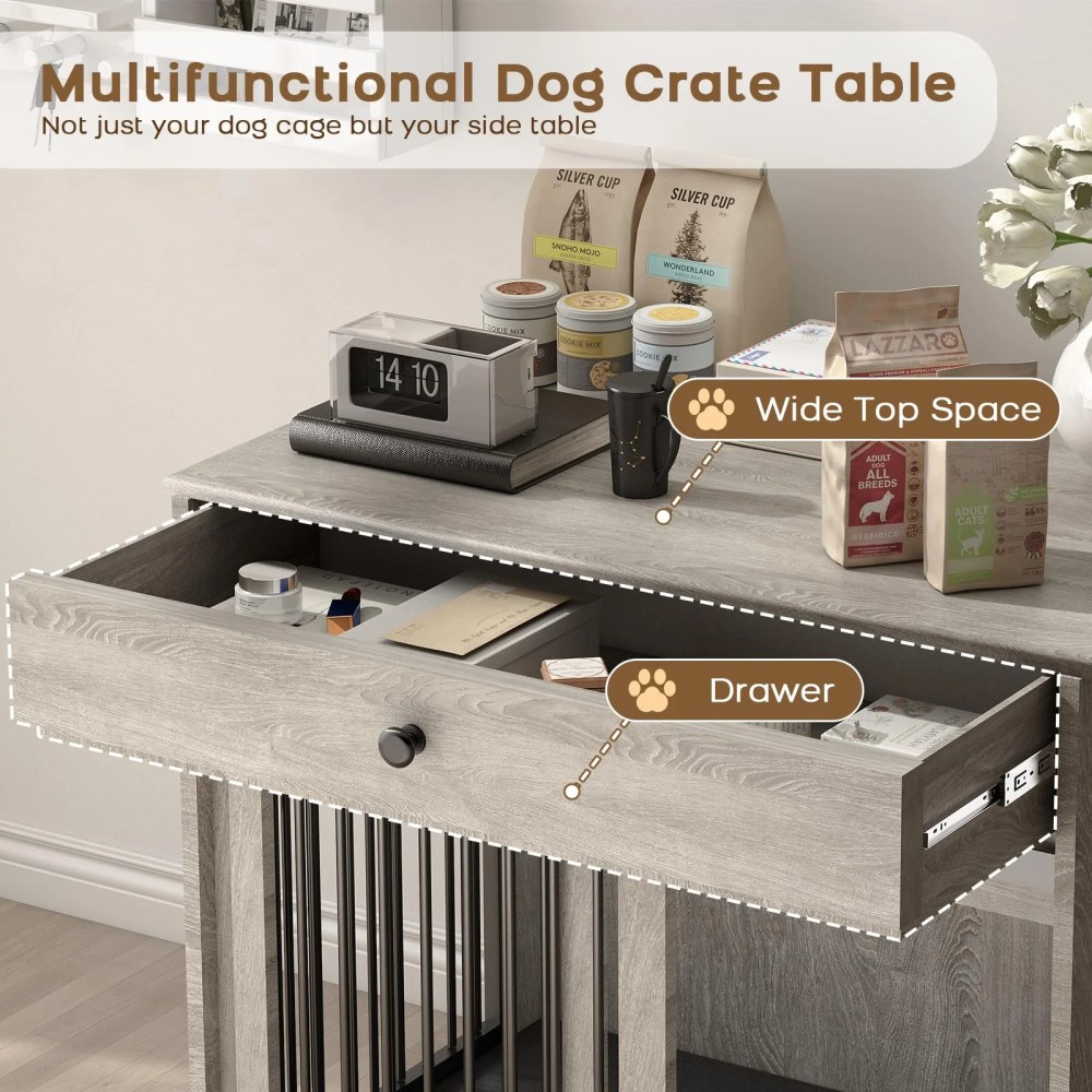 WHIFEA Modern Wooden Dog Crate Furniture with Sliding Barn Door & Side Access, Rotating Feeder Kennel for Medium-Large Dogs, Farmhouse Style, Grey - Image 4
