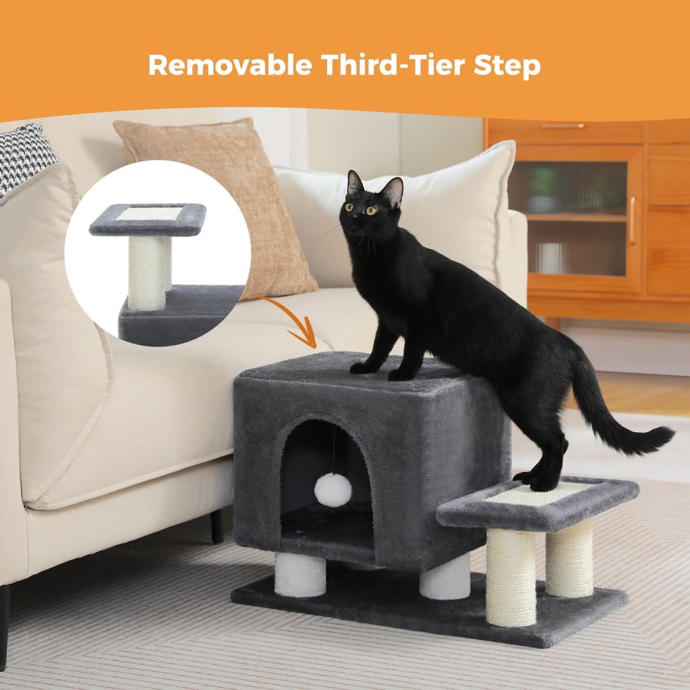 Pefilos 21" Cat Tree Tower with Scratching Post, 3-Step Pet Dog Stairs with Cat Condo for Small Dog, Gray - Image 8