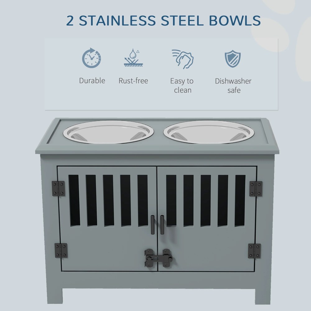 PawHut Dog Food Storage Cabinet with Bowls & Dog Feeding Station, Gray - Image 8