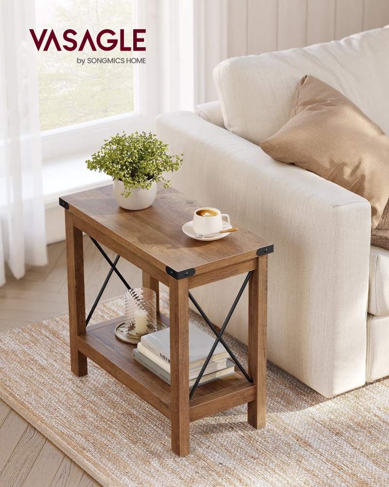 2-Tier End Table with Lower Shelf,Small Accent Table Nightstand,Rustic Farmhouse Design,Sturdy Wooden Construction-Honey Brown