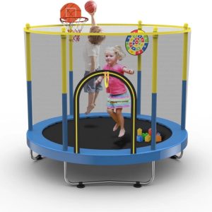 72" Trampoline for Kids with Net, 6 FT Indoor & Outdoor Small Toddler Trampoline with Basketball Hoop & Dart Board for Ages 1-8, Gifts for Boys & Girls, Baby Toddler Christmas Toys Blue