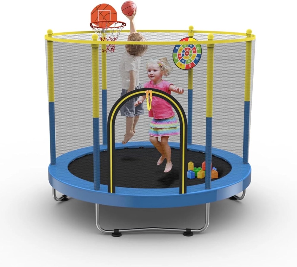 72" Trampoline for Kids with Net, 6 FT Indoor & Outdoor Small Toddler Trampoline with Basketball Hoop & Dart Board for Ages 1-8, Gifts for Boys & Girls, Baby Toddler Christmas Toys Blue