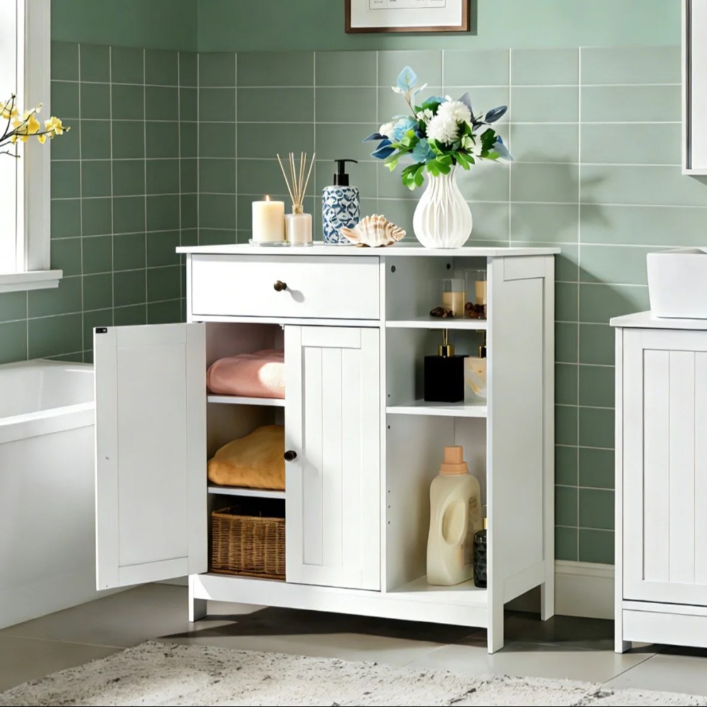 Zimtown Wooden 2-Door Bathroom Cabinet Storage Organizer with 2 Shelves& 1 Drawer & Three-layer Side Rack,White