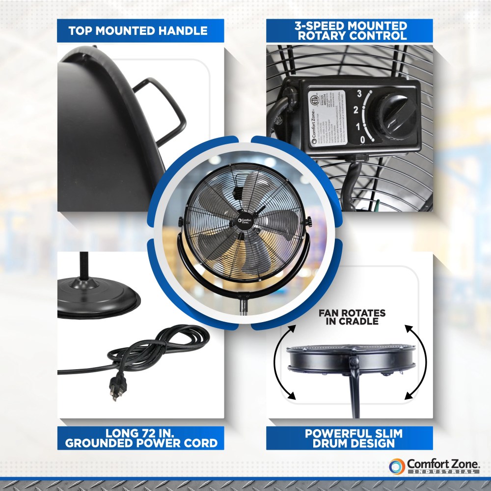 Comfort Zone 20" 3-Speed Slim-Profile High-Velocity Industrial Pedestal Fan with Aluminum Blades and Adjustable Tilt, All-Metal Construction, Black - Image 6