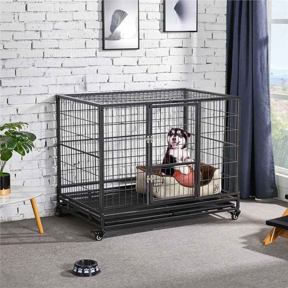 Easyfashion 43 inch Heavy Duty Metal Rolling Dog Cage Kennel, Black - Image 8