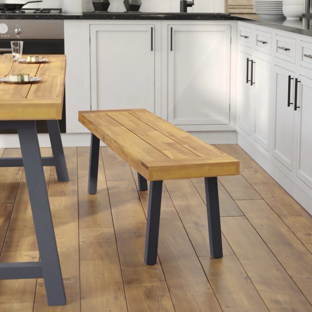 Flash Furniture Martindale Solid Acacia Wood Patio Dining Bench for 2 with Slatted Top and Gray Flared Wooden Legs in a Natural Finish - Image 11