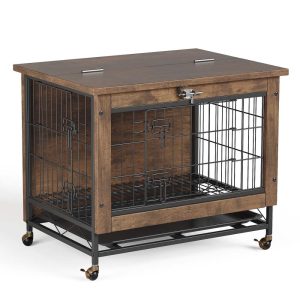 Dog Crate Furniture with 2 Doors,  Indoor Small Dog Crates with Wheels,  Heavy Duty Wooden Kennel Furniture,  End Side Table Cage,  Anti-Chew,  Rustic Brown