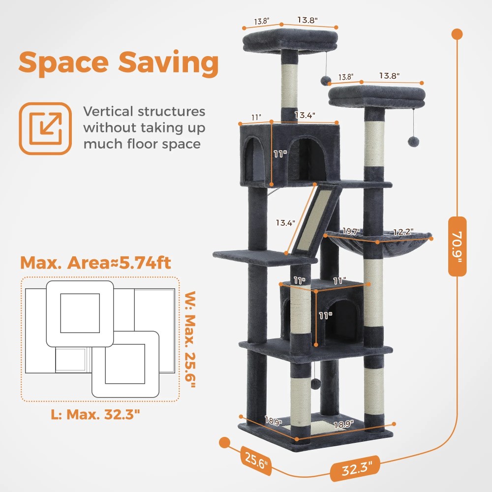PEQULTI 71 " Large Cat Tree Tower for Cat with Dual Condos and 6 Scratching Posts Indoor Dark Gray - Image 9