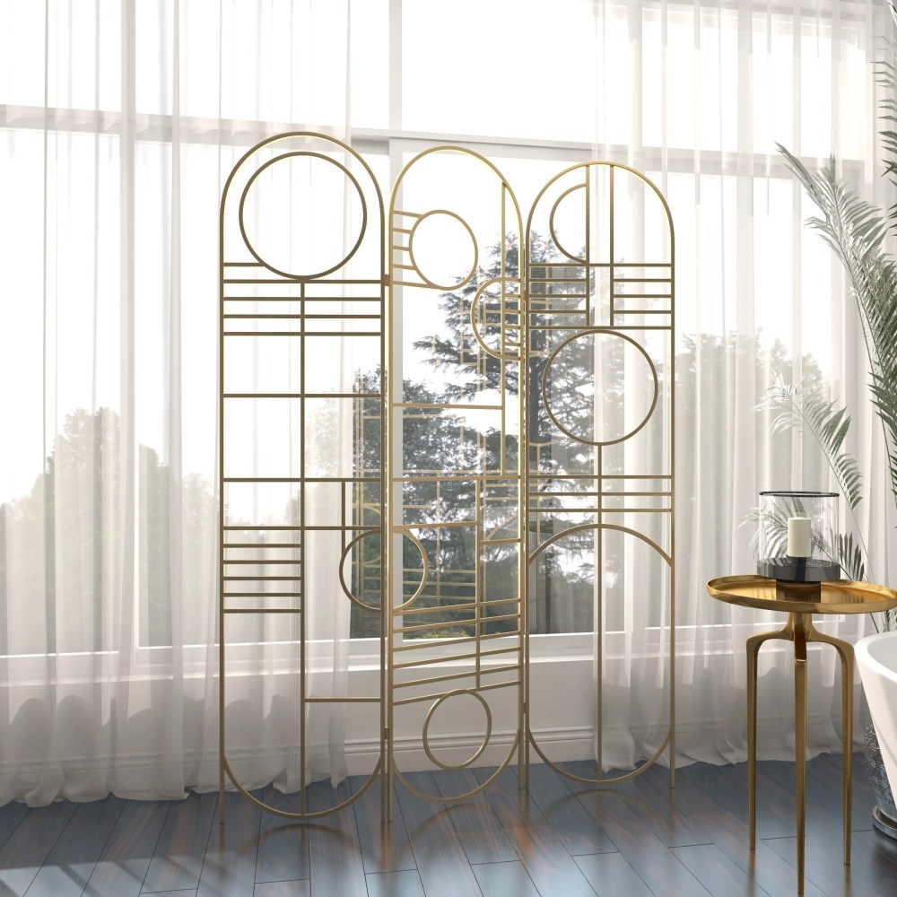 DecMode Modern 3 Panel Metal Room Divider Screen with Geometric Pattern and Gold Finish, 50"W x 69"H - Image 10