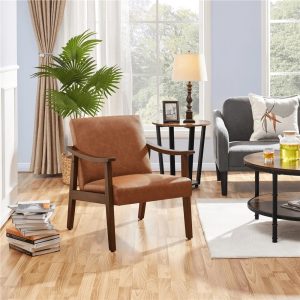 Alden Design Modern Accent Chair with Wooden Frame,Warm Brown Faux Leather