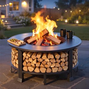 38" Outdoor Fire Pit Table with Grill & Firewood Rack,Wood Burning Fire Pit for Backyard Gatherings,Patio Heating & Outdoor Entertaining,BBQ with Pit Cover,Poker,BBQ Grate,Round Fire Pit,Black