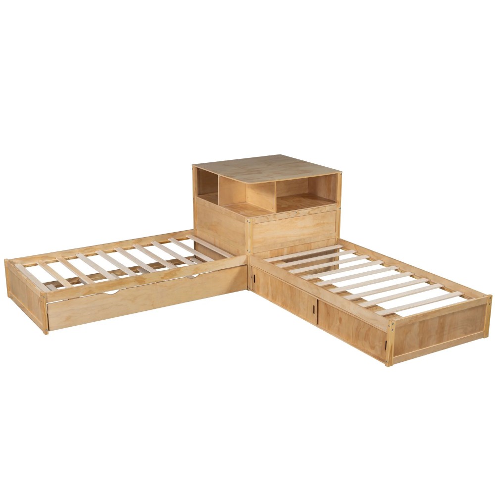 Euroco Pine Wood L-Shaped Twin Platform Bed with Storage Desk, Cabinets, Trundle and LED Light for Kids Teens, Natural - Image 5
