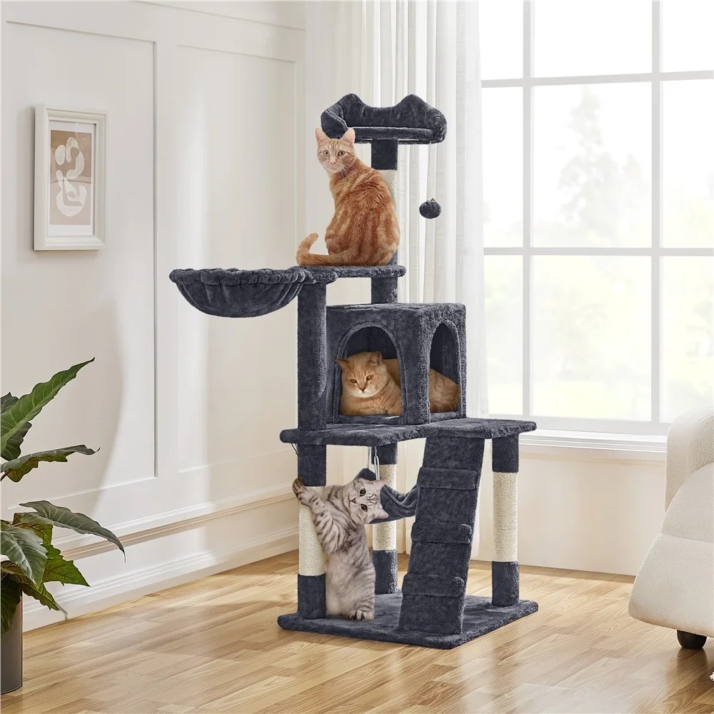 Alden Design 54" Cat Tree with Hammock, Basket and Scratching Post Tower, Dark Gray - Image 2