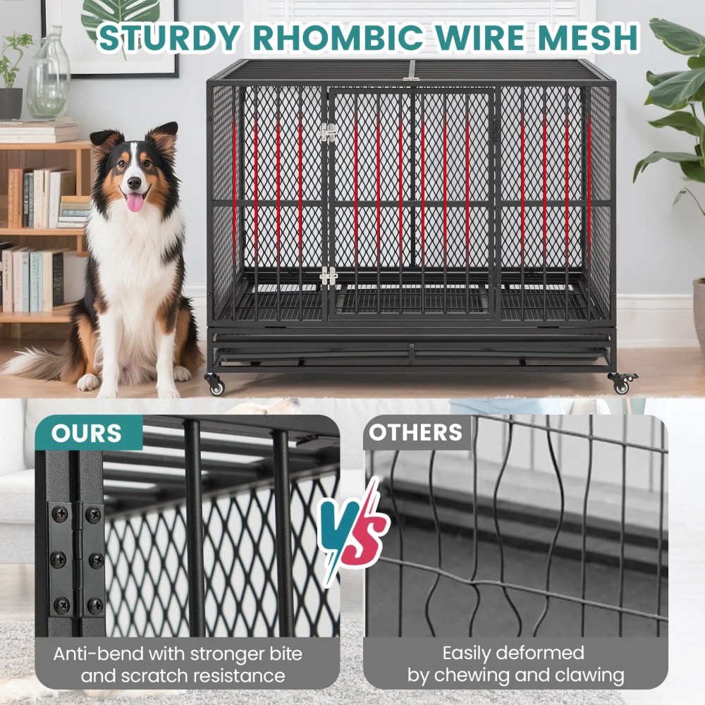Erinnyees Heavy Duty 42" Metal Dog Crate for Dogs with Lockable Wheels - Image 2