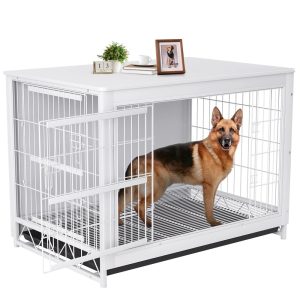 Arlopu 44.1" Large Dog Crate Furniture, Wooden End Table Indoor Dog Kennel with Pull-Out Tray & Double Doors, Dog Cage for Small, Medium Large Dogs up to 80 lbs
