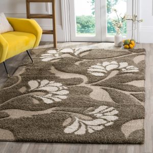 SAFAVIEH Florida Teodor Floral Shag Area Rug, Smoke/Beige, 5" x 5" Square