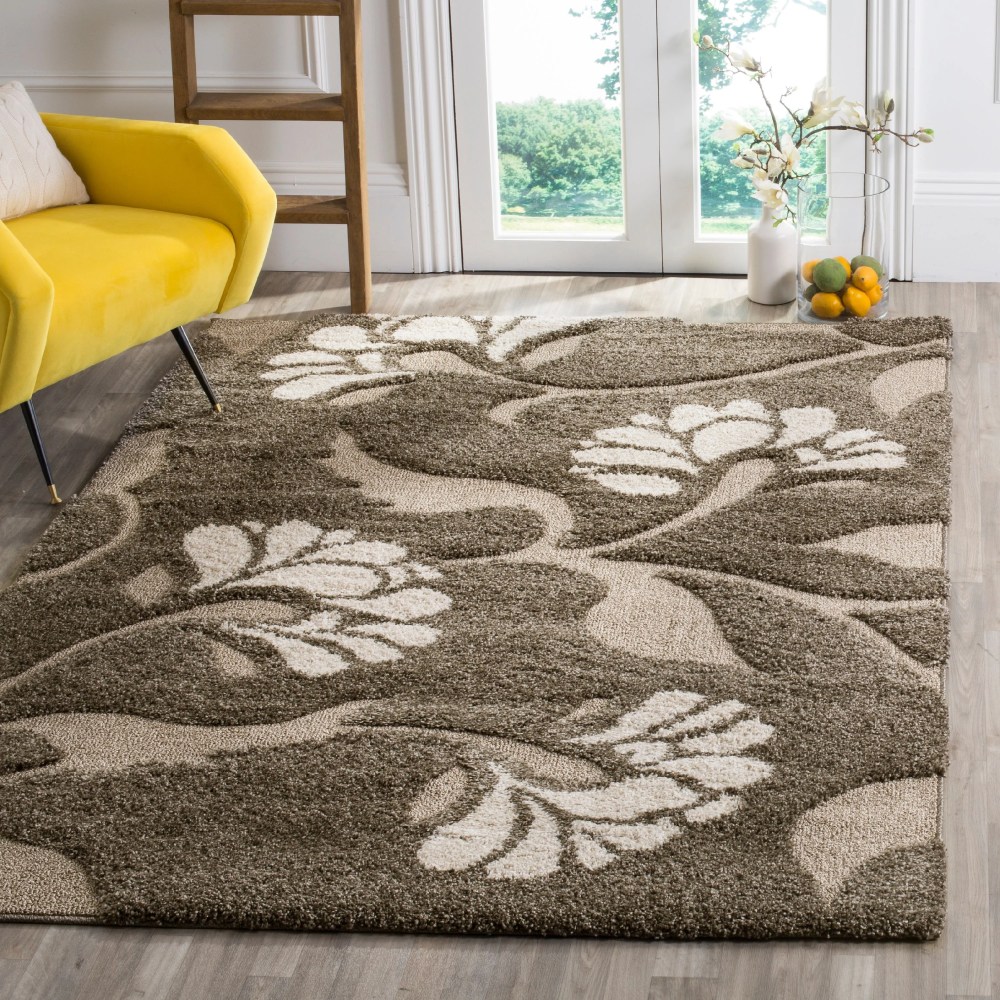 SAFAVIEH Florida Teodor Floral Shag Area Rug, Smoke/Beige, 5" x 5" Square