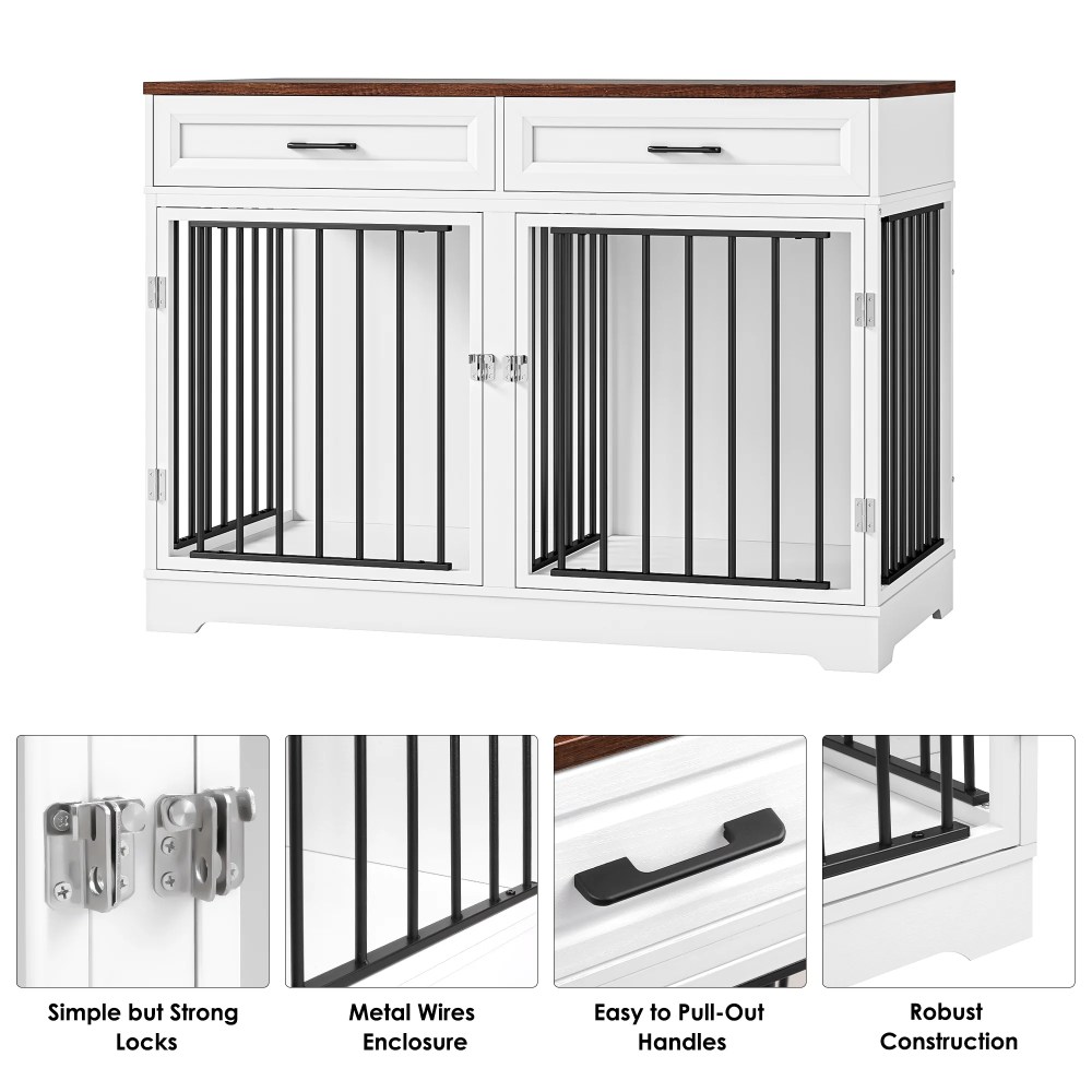 Homfa Dog Crate Furniture with 2 Drawers, 47.2 in Wooden Indoor Dog Cage Table with Divider, White - Image 5
