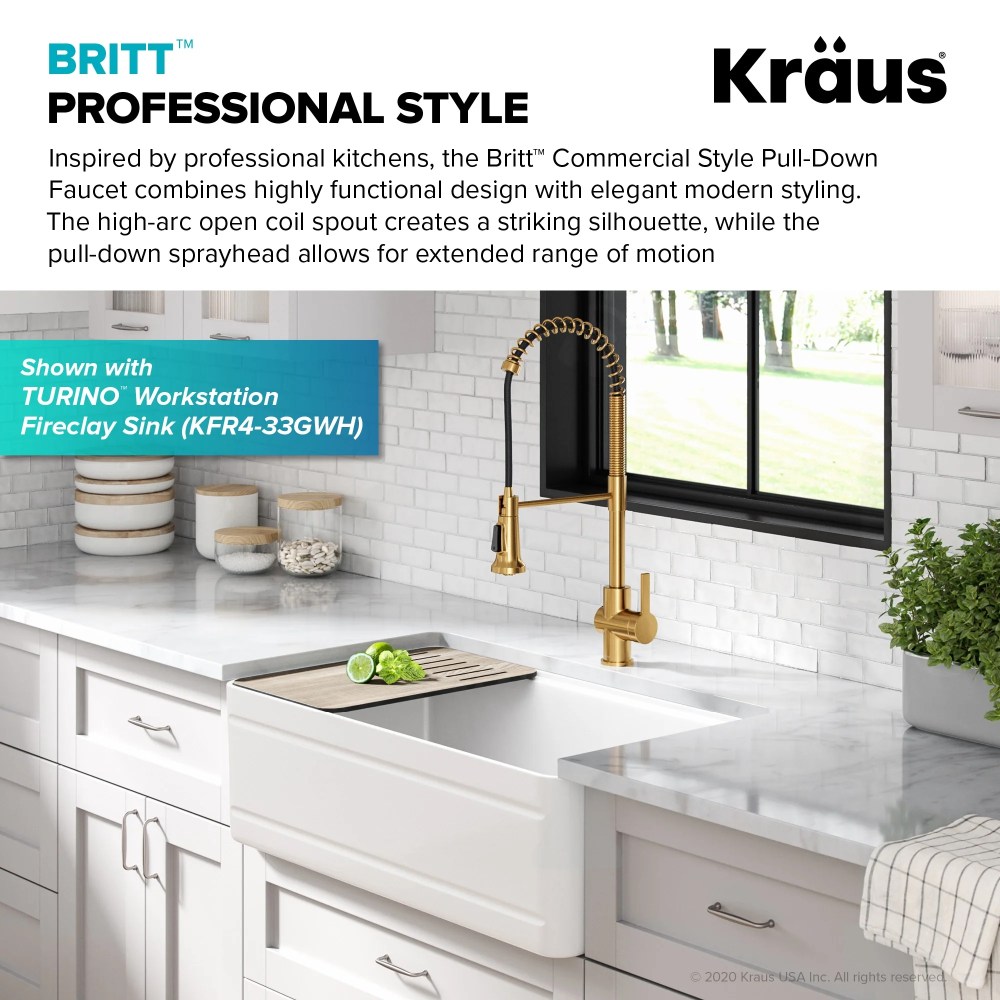 KRAUS Britt Commercial Style Pull-Down Single Handle Kitchen Faucet in Brushed Brass - Image 4