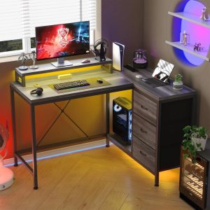 43" L-Shaped Computer Desk with 4 Power Outlets and 7-Color Led Lights,3-Drawer Gaming Desk