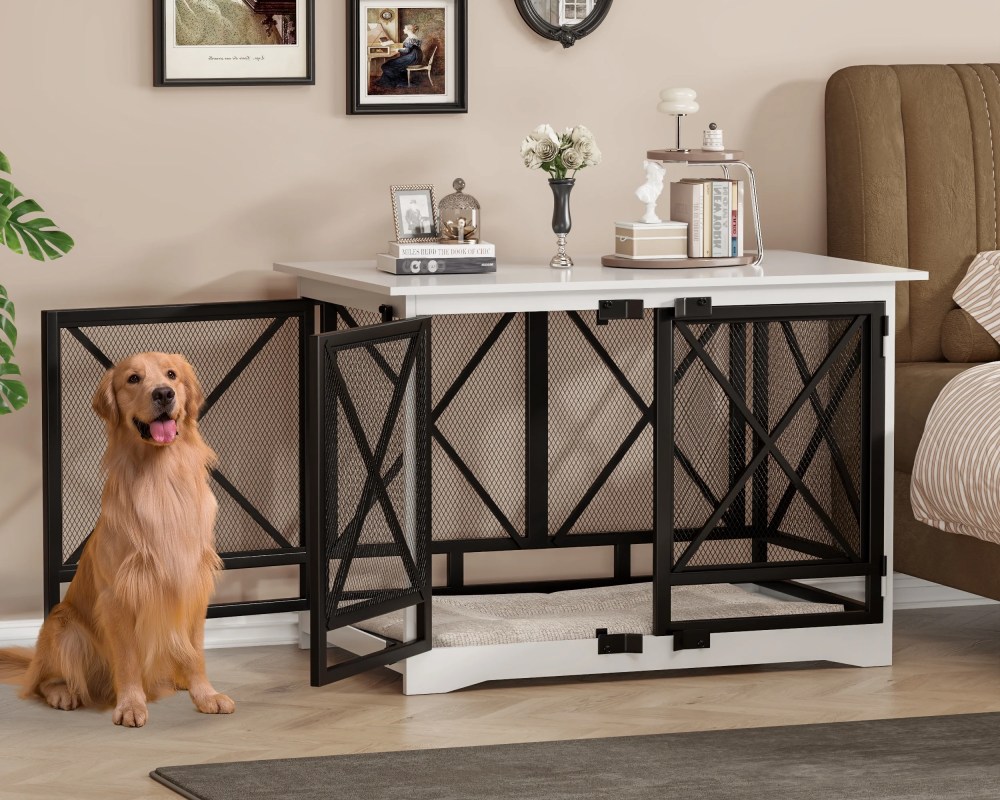 48 inch Extra Large Dog Crate Furniture, Double Door Indoor Kennel, End Side Table Wooden Dog Crates, Anti-Chew Anti-Escape, White - Image 5