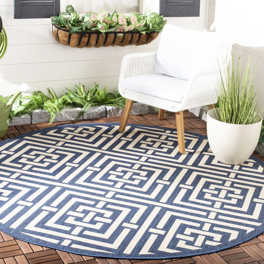 Safavieh Courtyard Ariana Geometric Indoor/Outdoor Area Rug, Navy/Beige, 5'3" x 5'3" Round - Image 3